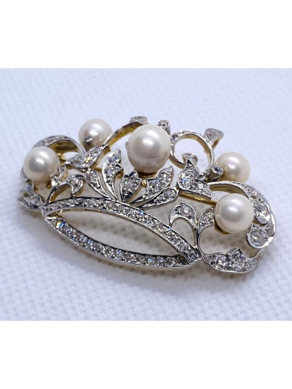 Platinum 950 18K Yellow Gold Pearl & Diamond Tiara Brooch